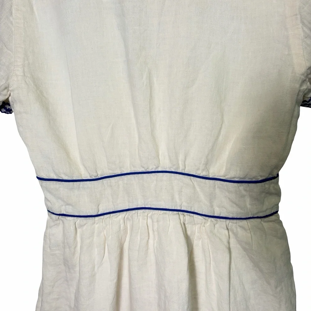 J. Crew 100% Linen Embroidered White Midi Dress with Blue Trim V-Neck, US 6 - Picture 11 of 16